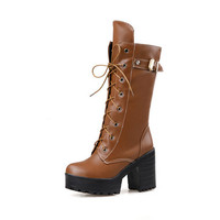 Big Size Chunky Heel Buckle Lace Up European Style Boots