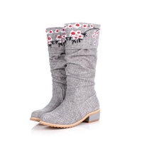 Big Size Embroidery Floral Print Sweet Mid Calf Square Heel Retro Boots