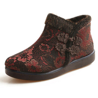 Big Size Flower Retro Chinese Knot Slip On Flat Ankle Warm Boots