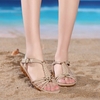 Big Size Knitting Beaded Strappy Buckle Peep Toe Flat Chunky Heel Sandals