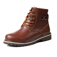 Big Size Men Leather Buckle Cotton Warm High Top Lace Up Boots