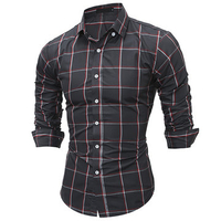 Black Casual Formal Slim Fit Checked Long Sleeve Dress Shirt for Men