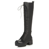Black Chunky Heel Lace Up Leather Over The Knee Boots