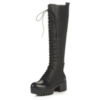 Black Chunky Heel Lace Up Leather Over The Knee Boots