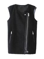 Black Faux Fur PU Patchwork Sleeveless Zipper Pocket Coat
