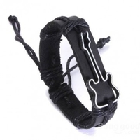 Black Hollow Metal Guitar Wax Rope Leather Men Bracelet