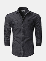 Black Long Sleeves Turn Down Collar Solid Color Double Breast Pockets Denim Shirt for Men