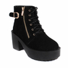 Black Zipper Thcik Heel Ankle Short Boots Decoration With Buckle