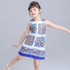 Blue And White Porcelain Print Sleeveless Dress For Kids Girl