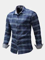 Blue Pure Cotton Loose Long Sleeve Checked Shirt for Men