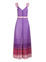Bohemia Ruffles Print Button V-neck Sleeveless Women Maxi Dress