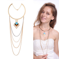 Bohemia Tassel Turquoise Triangle Pendant Multi-Tier Gold Collar Necklace