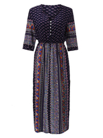 Bohemian Button Half Sleeve Printed V-Neck Beach Maxi Dress
