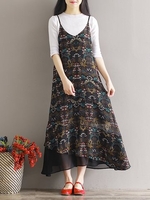 Bohemian Floral Print Patchwork Spaghetti Strap V-neck Women Maxi Dress