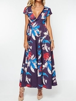 Bohemian Floral Print V-neck Short Sleeve Women Maxi Dress