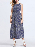 Bohemian Pleated Floral Maxi Elastic Waist Women Sleeveless Dress