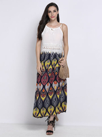 Bohemian Print Bow Elastic Waist Pleated Women Maxi Skirt