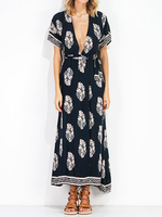 Bohemian Print Tie Deep V Short Sleeve Maxi Dress For Women