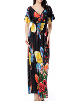 Bohemian Printed Short Sleeve V Neck Backless Women Dresses