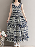 Bohemian Printed Sleeveless Elastic Waist Long Maxi Dresses