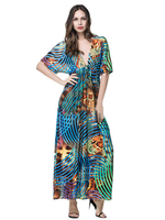 Bohemian Printed V-Neck Drawstring Beach Party Maxi Dress For Women