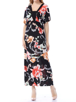 Bohemian Women Elastic Waist Floral Printed Beach Maxi Dresses