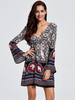 Bohemian Women Long Sleeve Sexy V Neck Printed Backless Mini Dress
