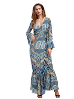 Bohemian Women Printed V-neck Long Sleeve Mermaid Maxi Dresses
