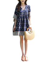 Bohemian Women Printed V-neck Short Sleeve Mini Dresses