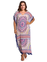 Bohemian Women Printed V-Neck Tassels Cover Up Beach Dress