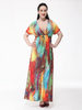 Bohemian Women Watercolor Printed V-Neck Drawstring Maxi Dress