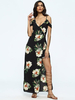 Boho Floral Print Cold Shoulder Split Tie V-neck Maxi Dress For Women
