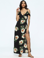 Boho Floral Print Cold Shoulder Split Tie V-neck Maxi Dress For Women