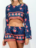Boho Floral Print Long Sleeve O-neck Tops With Shorts Suit For Women