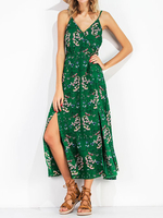 Boho Floral Print Split Cami Backless V-neck Maxi Dress For Women