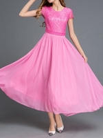 Boho Lace Patchwork Short Sleeve O-neck Maxi Dress For Women
