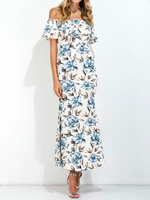 Boho Off-shoulder Floral Print Back Split Maxi Dress For Women