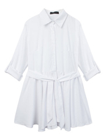 Bow Belt Button Solid Pleated Long Sleeve Elegant Women Mini Shirt Dress