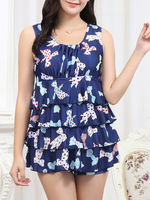 Bow Printing Ruffle Flouncing Sleeveless Two Pieces Swimwear For Women