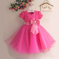 Bowknot Patchwork Short Sleeve O-neck Princess Dress For Kids Girl