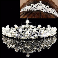 Bridal Flower Rhinestone Crystal Pearl Crown Tiara Prom Wedding Pageant Veil Headpiece