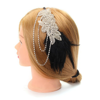 Bridal Vintage Black Feather Crystal Headpiece Party Headwear With Flapper Chain Headband