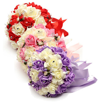 Bride Artificial Foam Roses Bouquet Crystal Ilke Ribbon Wedding Bridesmaid Flower Girls