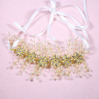 Bride Golden Floral Crystal Rhinestone Pearls Ribbon Headpieces Bridal Wedding Party Tiara Headband