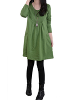 Brief Solid Casual Loose Long Sleeve O Neck Pocket Women Dress
