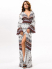 Brief V Neck Long Sleeves Bohemian Printed Maxi Dresses