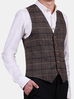 Brown British Style Business Slim V Neck Checked Waistcoats
