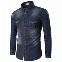 Bussiness Casual Solid Color Cotton Long Sleeve Plus Size Denim Shirt for Men