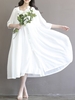 Button Loose White Chiffon Elegant Women Retro Style Dress