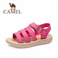 Camel Bandage Strappy Leather Buckle Peep Toe Casual Flat Sandals